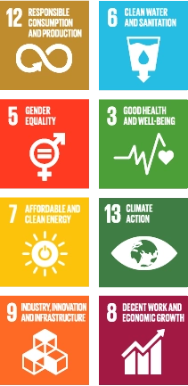 SDG goals most relevant for Sandvik: SDG 12 Responsible consumption and production, SDG 6 Clean water and sanitation, SDG 5 Gender equality, SDG 3 Good health and well-being, SDG 7 Affordable and clean energy, SDG 13 Climate action, SDG 9 Industry, innovation, and infrastructure and SDG 8 Decent work and economic growth (logos)