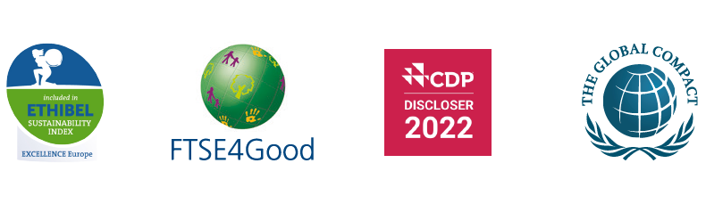 Ethibel Sustainability Indices, FTSE4Good, CDP Discloser 2022 och UN Global Compact (logos)