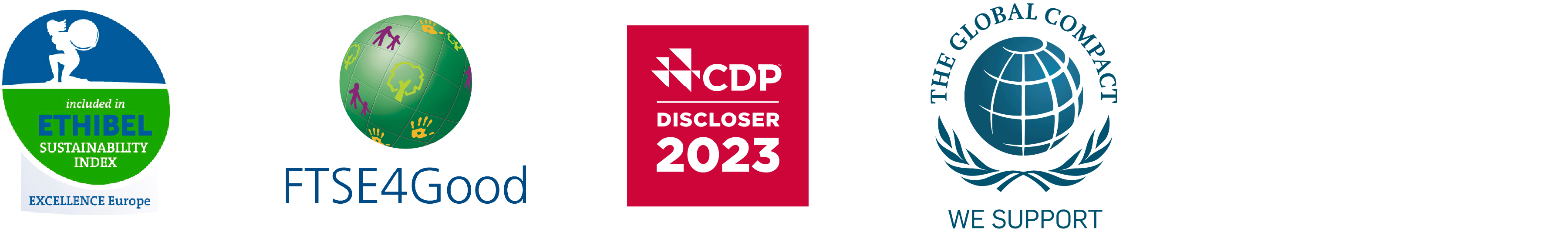 Ethibel Sustainability Indices, FTSE4Good, CDP Discloser 2023, UN Global Compact och UN Global Compact (logos)