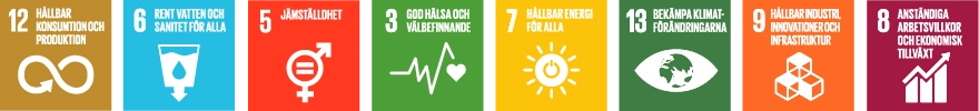 SDG mål mest relevanta för Sandvik: SDG 12 Ansvarsfull konsumtion och produktion, SDG 6 Rent vatten och sanitet, SDG 5 Jämställdhet, SDG 3 God hälsa och välbefinnande, SDG 7 Hållbar energi för alla, SDG 13 Klimatåtgärder, SDG 9 Hållbar industri, innovationer och infrastruktur och SDG 8 Anständiga arbetsvillkor och ekonomisk tillväxt (logos)